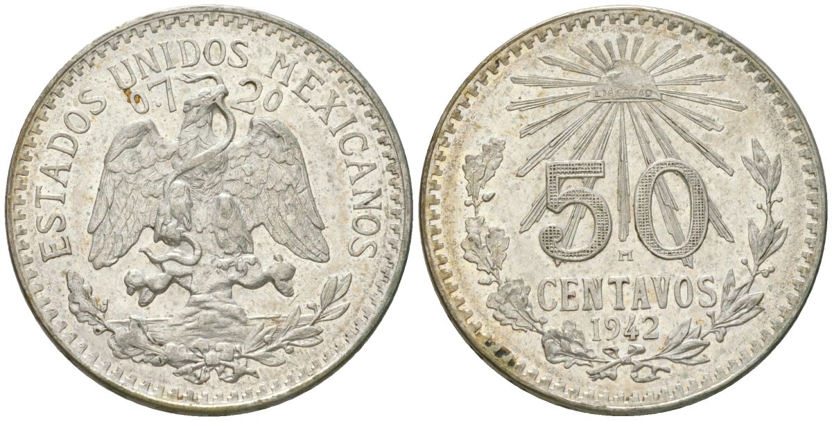 Мексика 50 сентаво 1942 Mo, тираж 800.000 экземпляров KM 447 серебро 4168-213