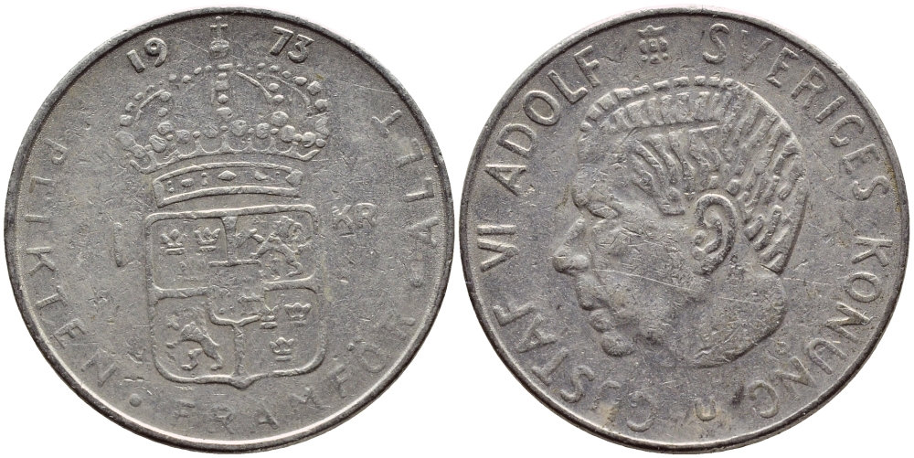 Швеция 1 крона 1973 Густав VI Адольф (1950-1973) KM 826а медь плакированная медно-никелем 4395-256