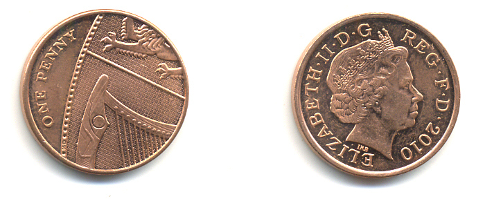 Великобритания 1 пенни 2010 Елизавета II (1952-2022) KM 1107, Spink B6 сталь плакированная медью 177-1231
