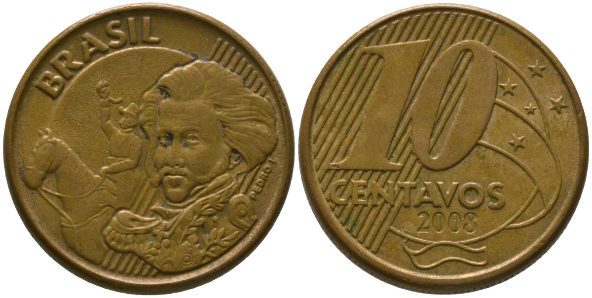 Бразилия 10 сентаво 2008 KM 649, Schon 157 сталь плакированная бронзой 4523-914