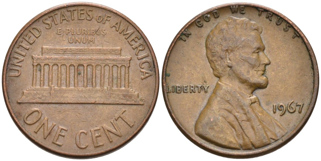 США 1 цент 1967 Линкольн KM 201 медь цинк 4564-443
