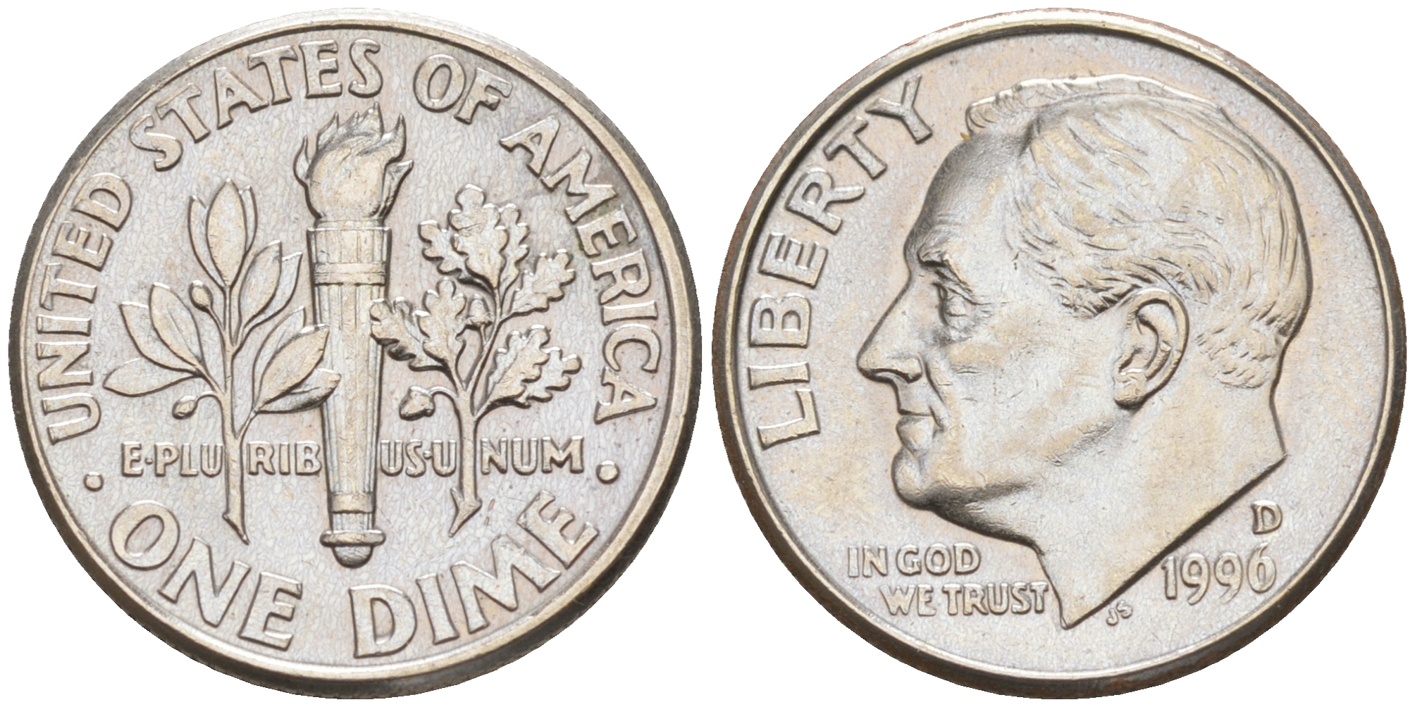 США 10 ЦЕНТОВ = 1 ДАЙМ 1996 D, РУЗВЕЛЬТ KM 195a медь плакированная медно-никелем 188-722