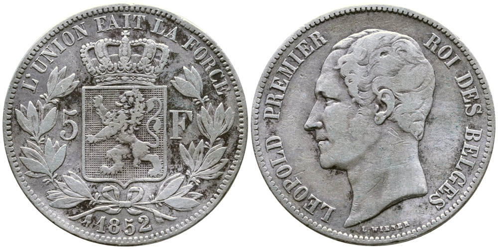 Бельгия 5 франков 1852 Леопольд I (1831-1865) KM 17 серебро 00-1067-5-43
