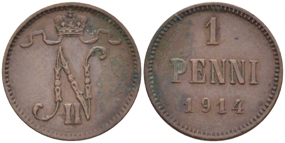 Россия для Финляндии 1 пенни 1914 Николай II (1894-1917) KM 13, Биткин 474 медь 4396-1417