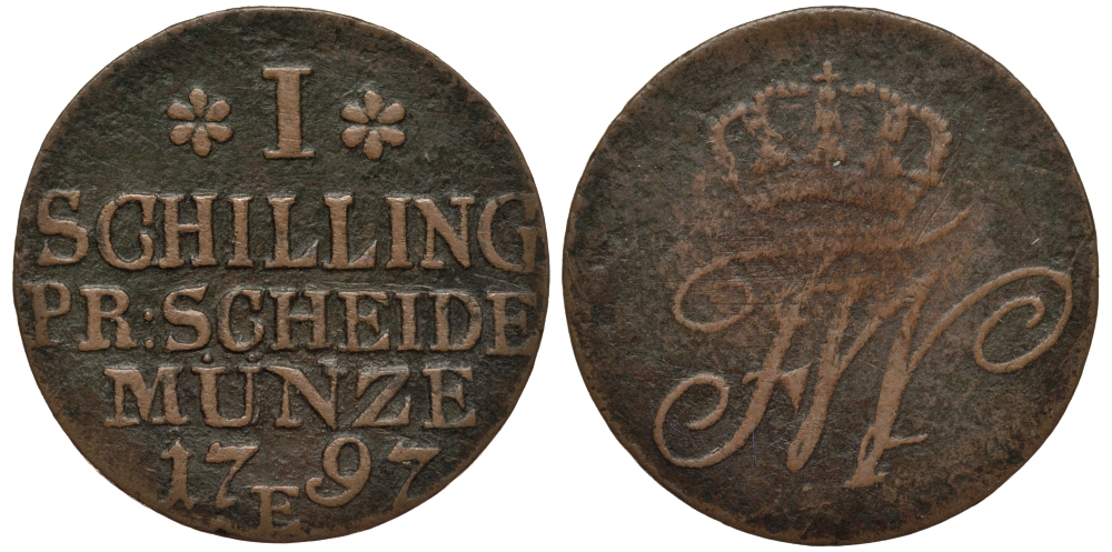 Польша, Восточная Пруссия 1 шиллинг 1797 Е, Фридрих Вильгельм II Прусский (1786-1797), вес 2,58 гр. KM 50, Olding 23, Jaeger 18a медь 1516-1112