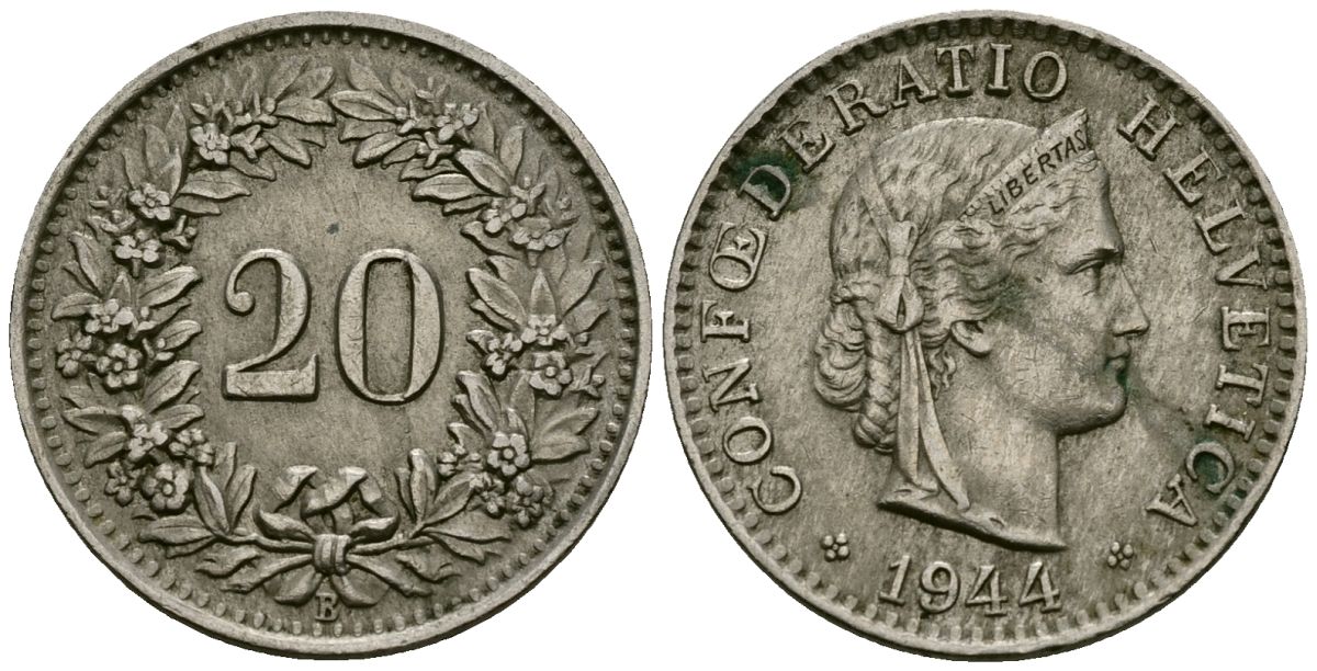 Швейцария 20 раппенов 1944 B KM 29a медно-никель 4171-1127