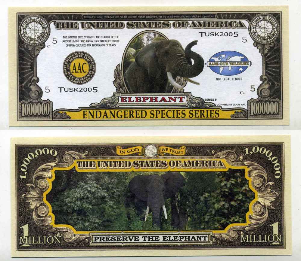 США 1000000 ДОЛЛАРОВ 2005 СУВЕНИРНАЯ БАНКНОТА, СЕРИЯ ОХРАНА ОКРУЖАЮЩЕЙ СРЕДЫ, СЛОНЫ бумага UNC (ПРЕСС) 8588-21-1-2