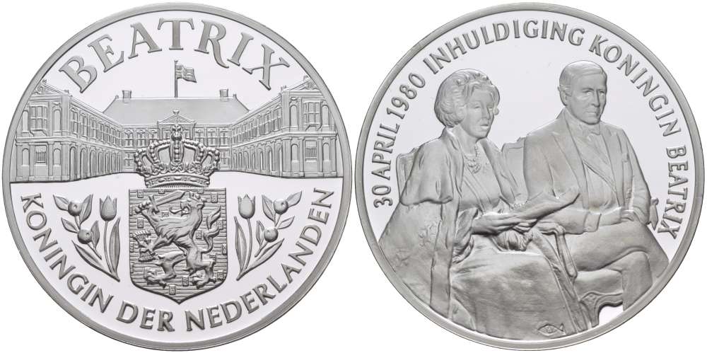 Нидерланды медаль ND королева Беатрикс, 30 апреля 1980 года инаугурация королевы Беатрикс, диаметр 38,5 мм., вес 22,12 гр.  серебро  PROOF  1078-6-41