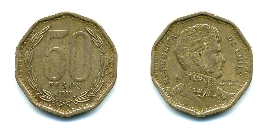 Чили 50 песо 2007 Бернардо О’Хиггинс KM 219.2 алюминиевая бронза 35-451