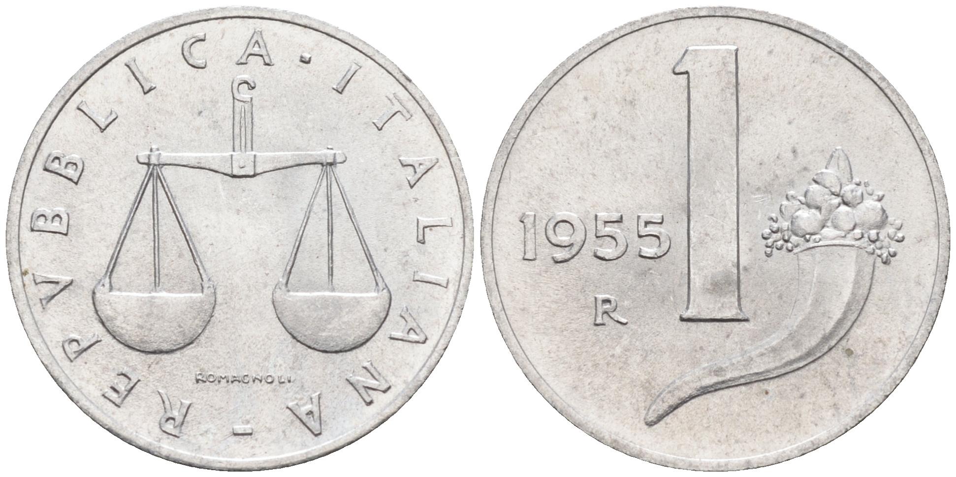 Италия 1 лира 1955 R, весы KM 91 алюминий  UNC  4594-736