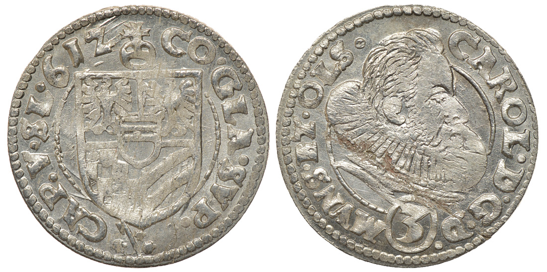 Силезия, Мюнстерберг, Олесница грошен (3 крейцера) 1612 Карл II серебро 413-1022