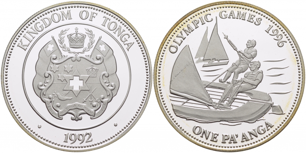 Тонга 1 паанга 1992 XXVI летние Олимпийские игры 1996 года в Атланте, парусный спорт KM 156 серебро PROOF 04-101-32
