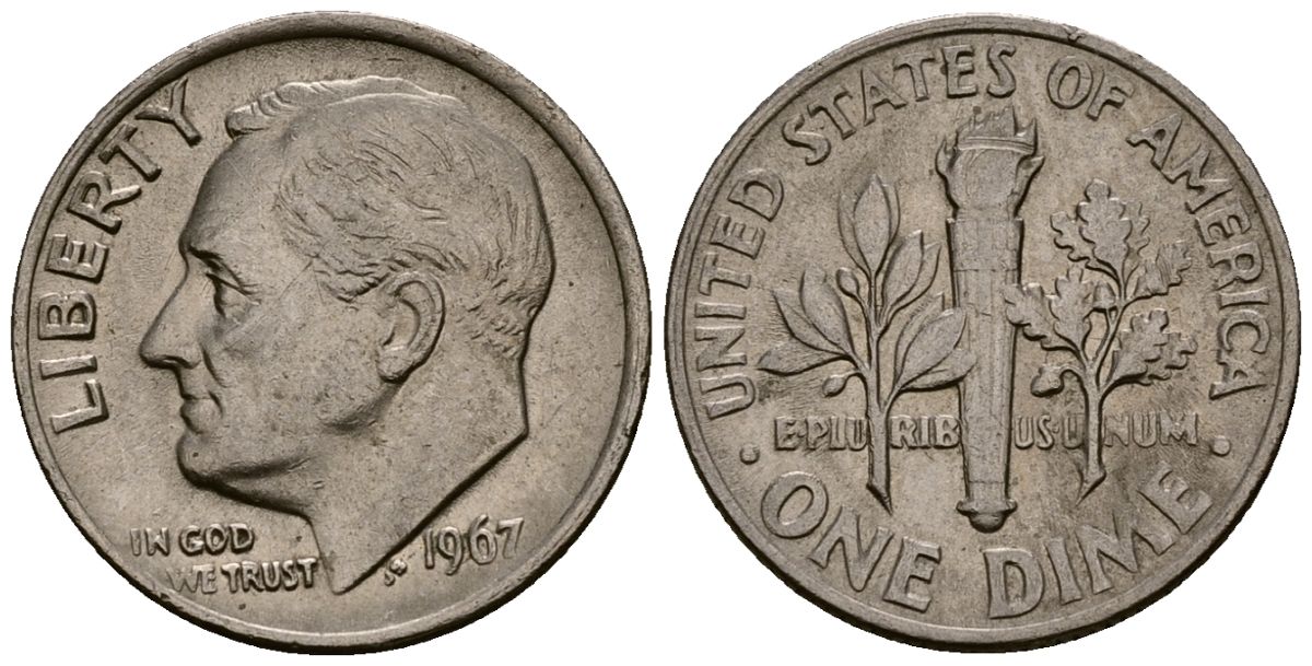 США 10 центов (дайм) 1967 Рузвельт KM 195a медь плакированная медно-никелем 4164-933