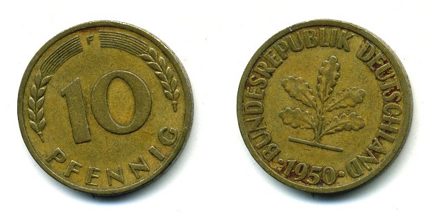 ФРГ 10 ПФЕННИГОВ 1950 F KM 108, J 383 сталь плакированная латунью 25-1736