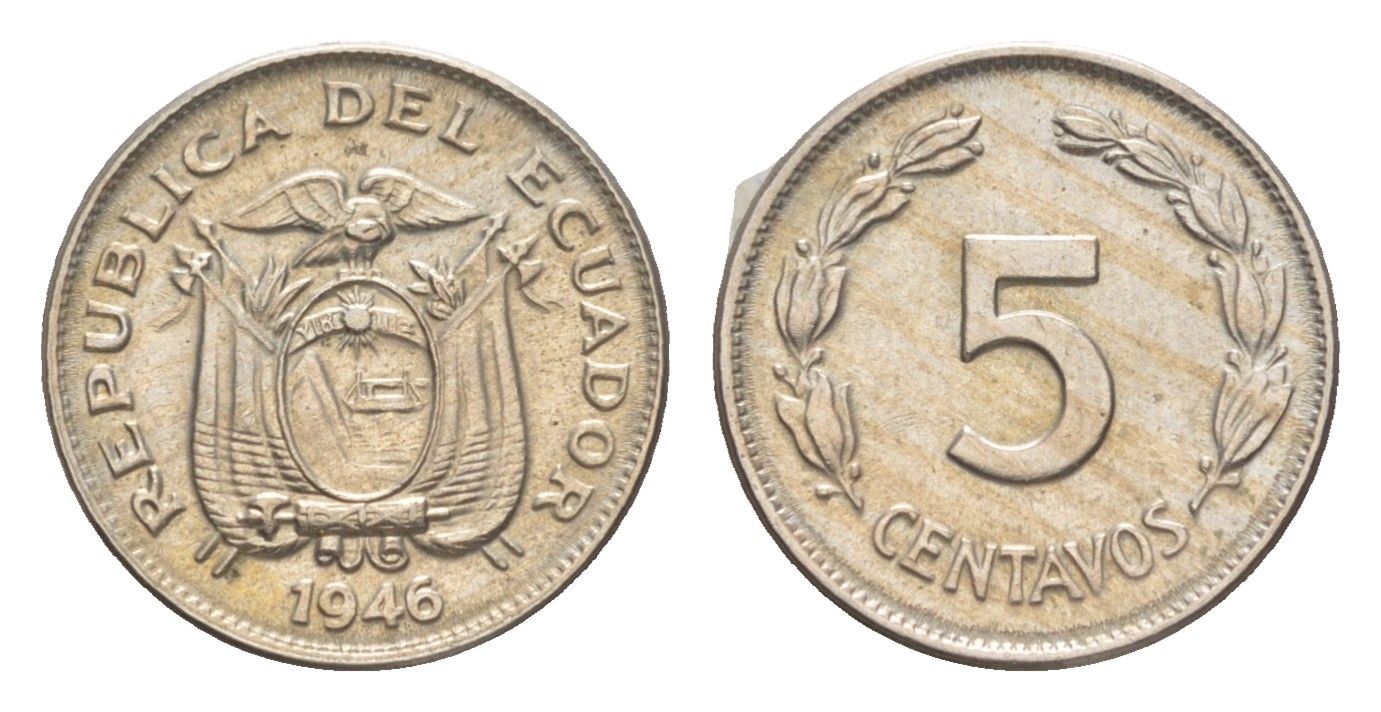 Эквадор 5 сентаво 1946 KM 75b медно-никель UNC 4643-1124
