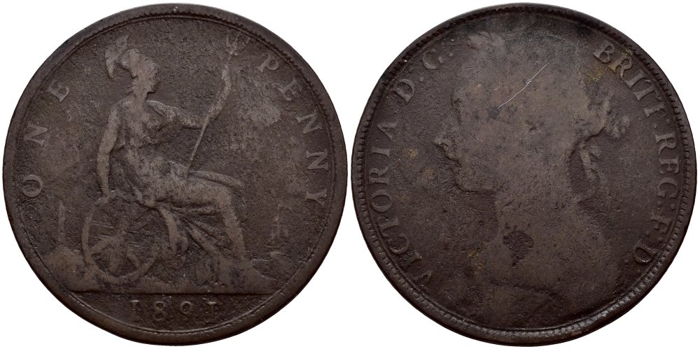Великобритания 1 пенни 1891 Виктория (1837-1901) KM 755, Spink 3954 бронза 41-225