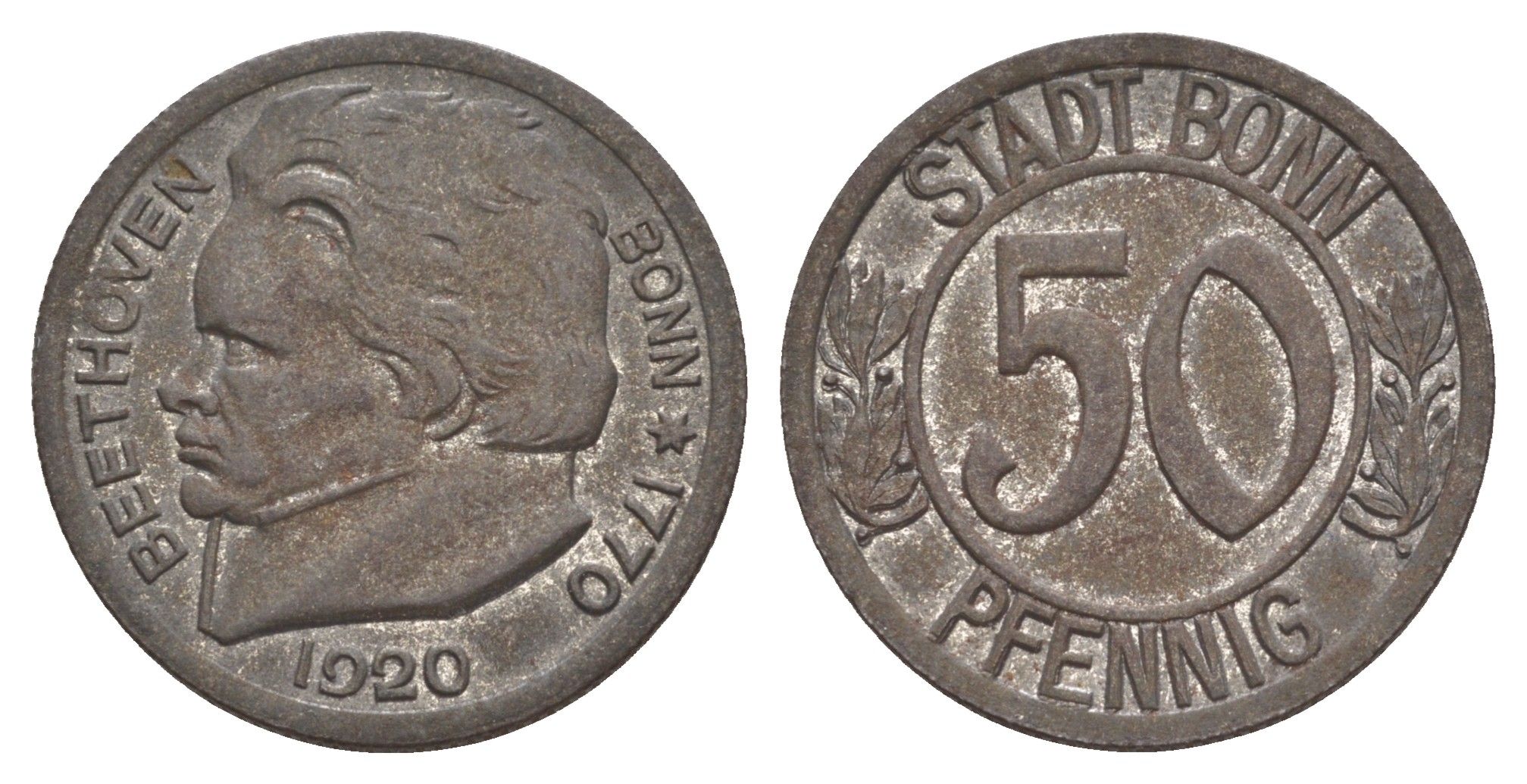 Бонн 50 пфеннигов 1920 Северный Рейн-Вестфалия Funck 51.3A, Men05 3220.5, Men18 4134.5 железо aUNC 4642-512