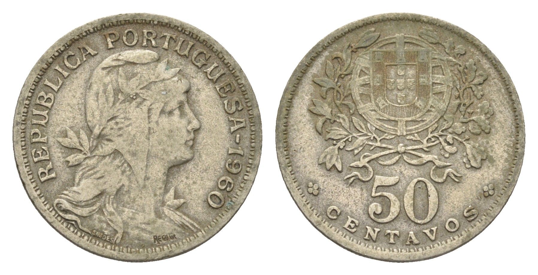 Португалия 50 сентаво 1960 голова Свободы вправо KM 577 никель латунь 4659-642