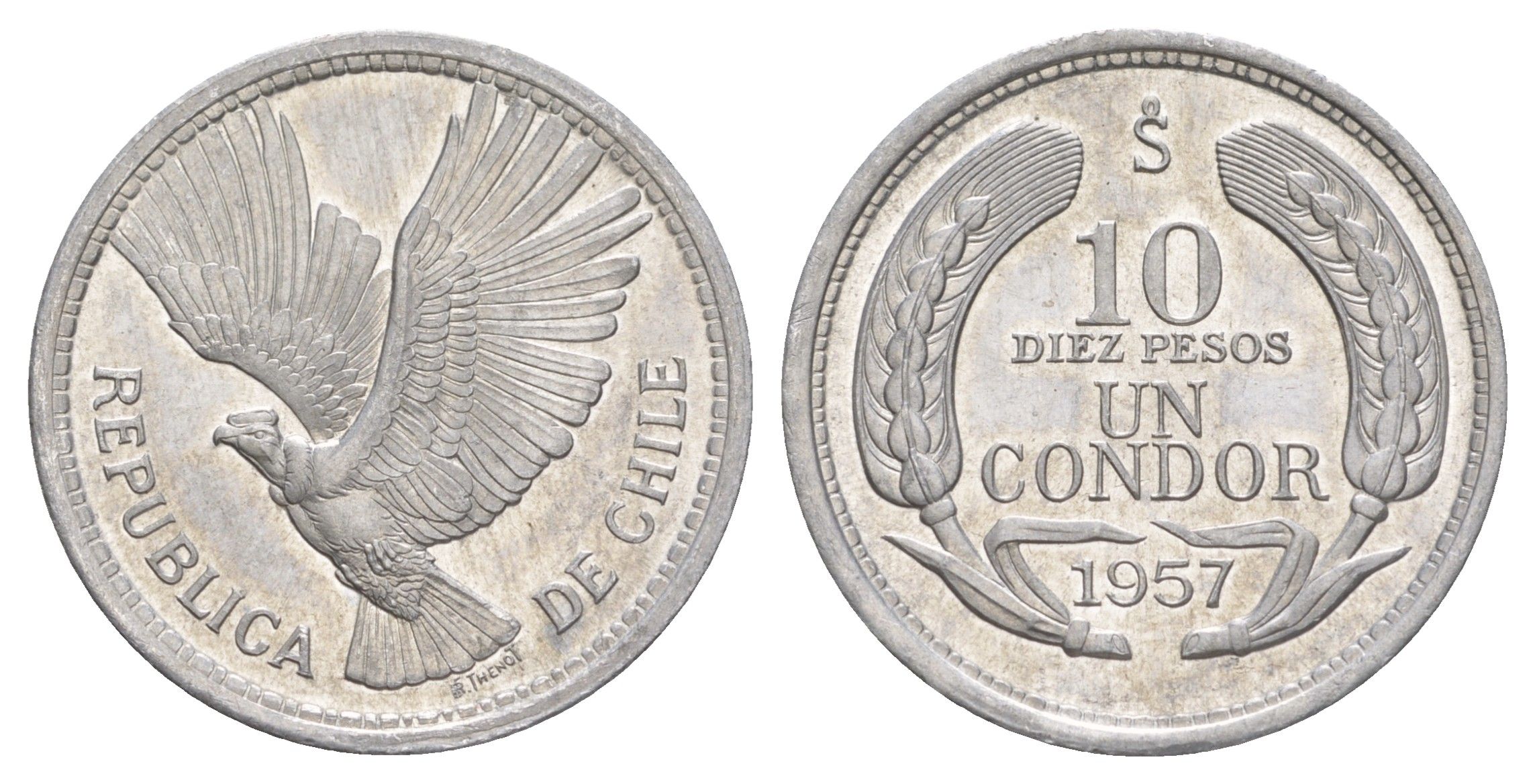 Чили 10 песо 1957 KM 181 алюминий BU 1527-1233