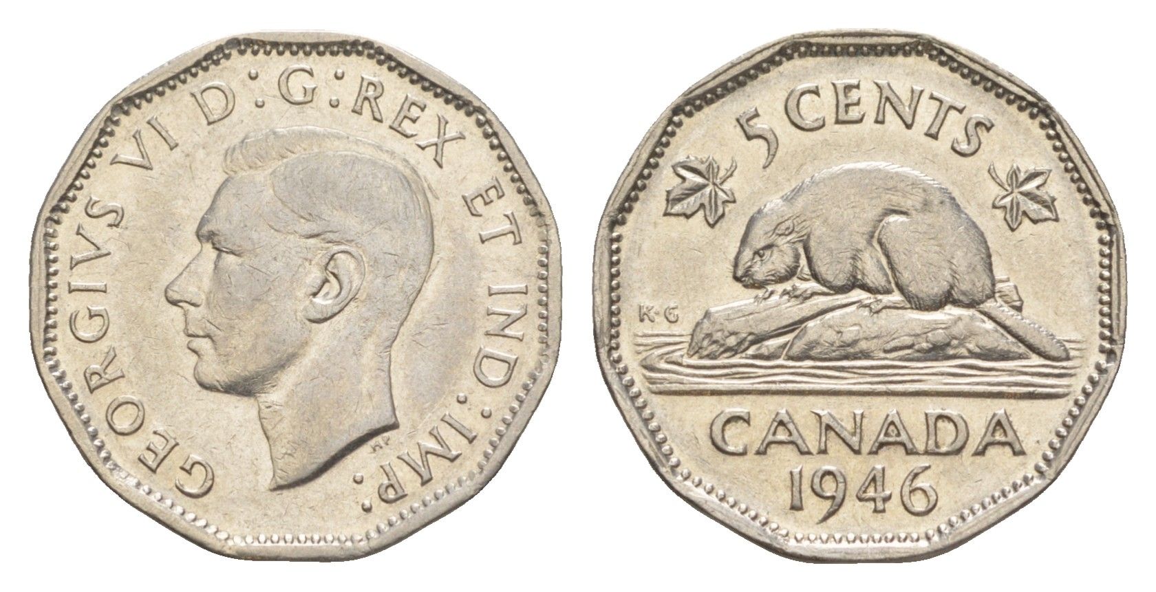 Канада 5 центов 1946 бобр Dot, Георг VI (1936-1952) KM 39a никель 4636-556