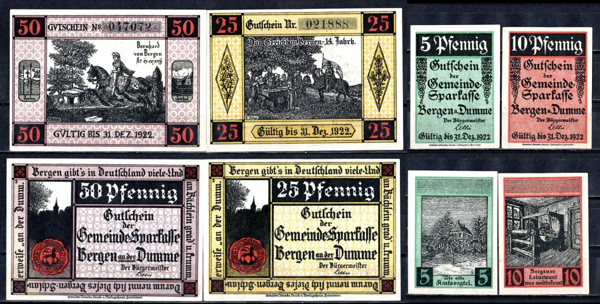 Берген-ан-дер-Думме (Пруссия, Ганновер) полный набор из 4 нотгельдов (5, 10, 25 и 50 пфеннигов) 1922 Mehl Grabowski 78.1 бумага UNC (пресс) 7556-48-2-2