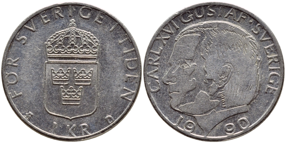 Швеция 1 крона 1990 Карл XVI Густав (1973- ) KM 852a медно-никель 4398-1232