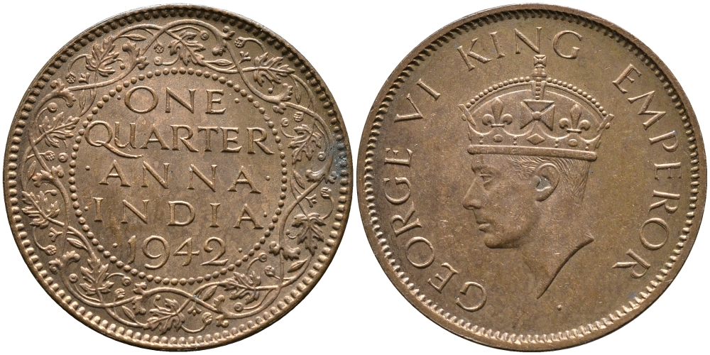 Британская Индия 1/4 анна 1942 Георг VI (1937-1952) KM 531 бронза aUNC 93-755