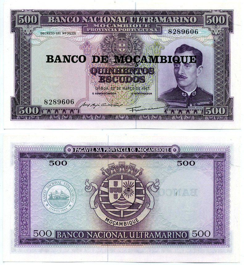 Мозамбик 500 эскудо 1976 НАДПЕЧАТКА НА БАНКНОТЕ 22 марта 1967 Pick 118а бумага UNC (пресс) 7457-42-3-2