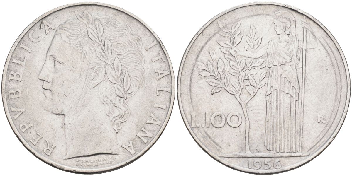 Италия 100 лир 1956 R, Афина в доспехах KM 96.1 нержавеющая сталь 4538-611