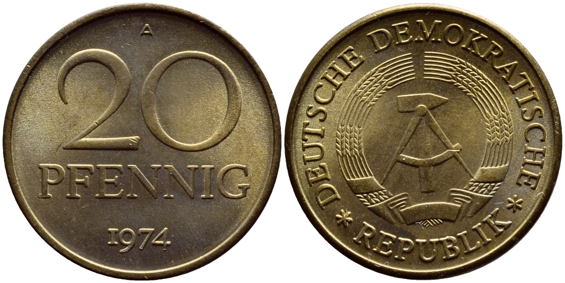 ГДР 20 пфеннигов 1974 А KM 11 латунь UNC 54-2215