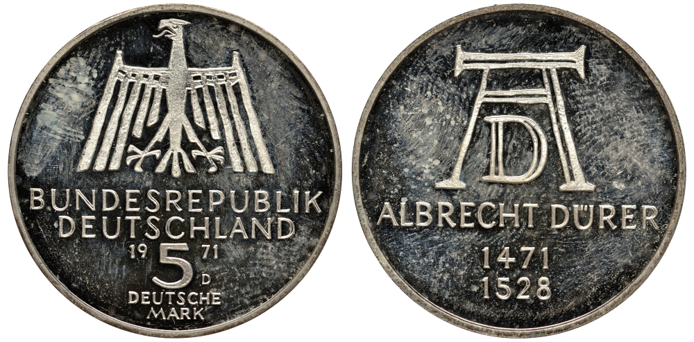 ФРГ 5 марок 1971 D, 500 лет со дня рождения Альбрехта Дюрера KM 129, J. 410 серебро PROOF 413-3033