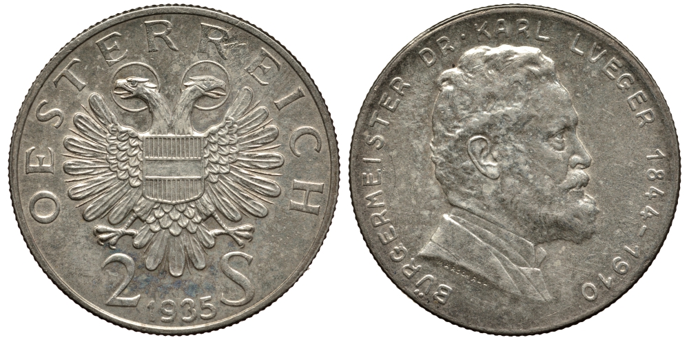 Австрия 2 шиллинга 1935 25 лет со дня смерти Карла Люгера KM 2855 серебро 413-1231