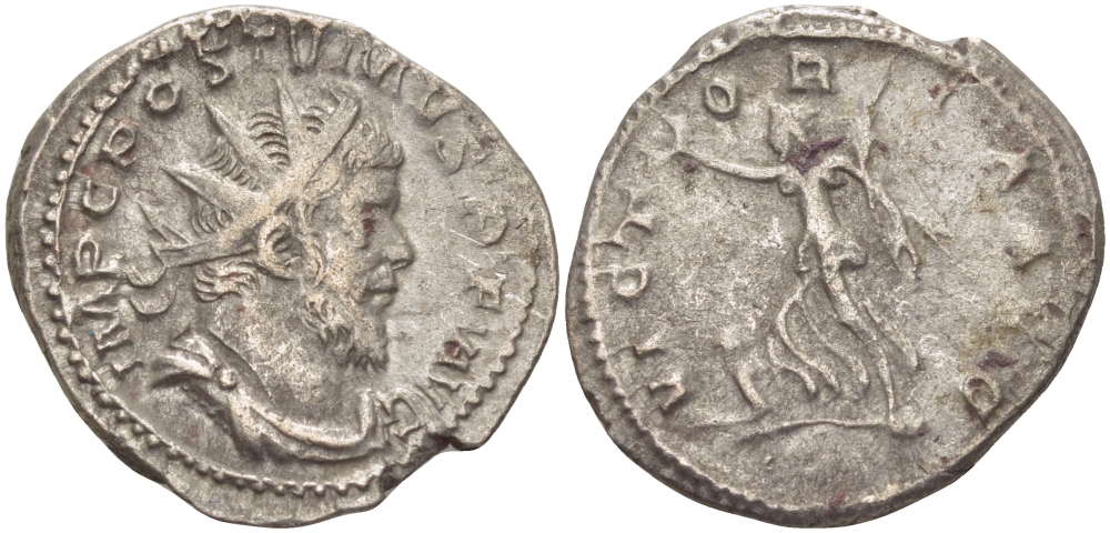 Римская Империя (императоры в Галлии) антониниан 260 - 269 Постум. IMP C POSTVMVS P F AVG / VICTORIA AVG, Виктория с венком и пальмовой ветвью, у ног пленник, Колония Агриппины, Very fine RIC 89 биллон 1073-13-91