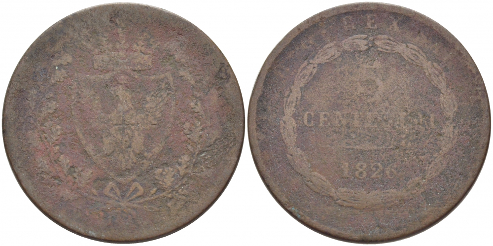 ИТАЛИЯ 5 ЧЕНТЕЗИМО 1826 ПРОВИНЦИЯ САРДИНИЯ KM 100.1 медь 4448-414