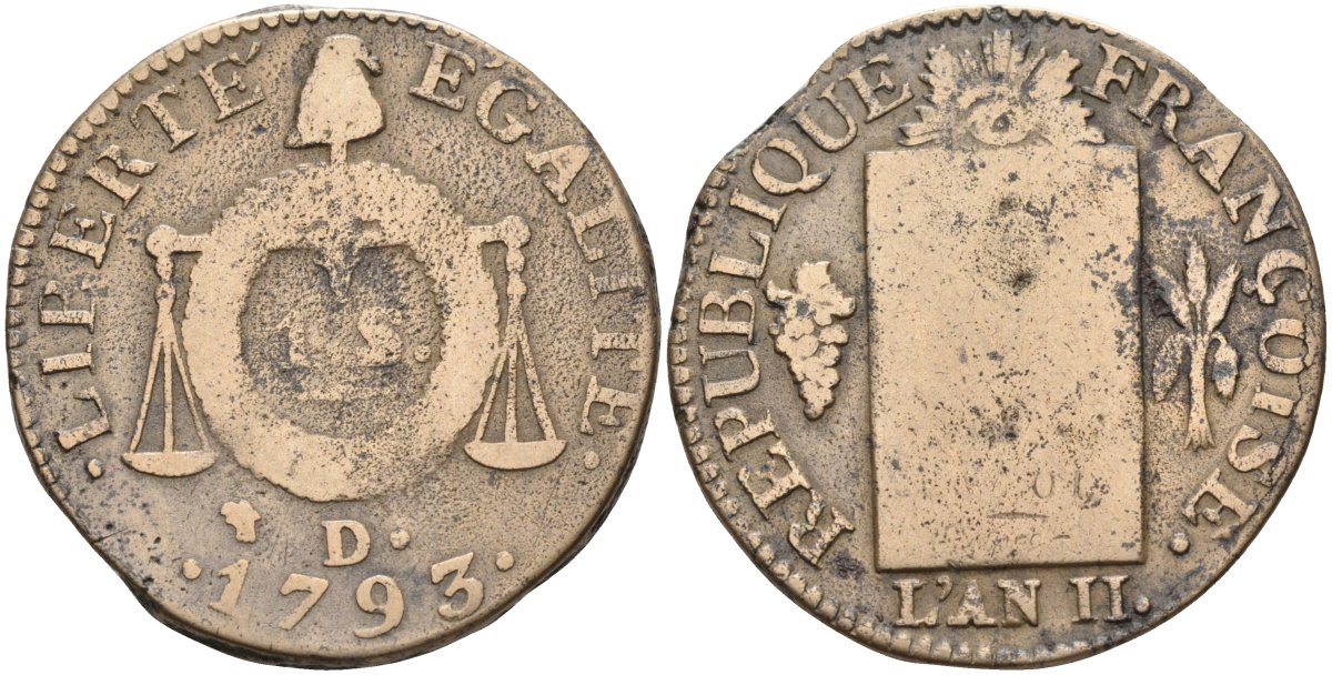 Франция 1 соль 1793 D, L'AN II, первая республика (1793-1794) KM 619.5 бронза 81-1211