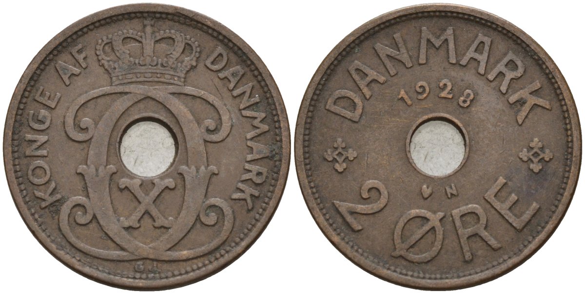 Дания 2 эре 1928 Кристиан X (1912-1947) KM 827 бронза 4147-451