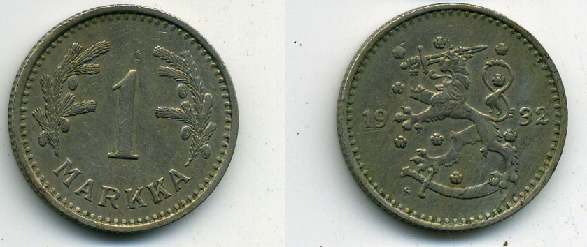 ФИНЛЯНДИЯ 1 МАРКА 1932 KM 30 медно-никель 61-1237