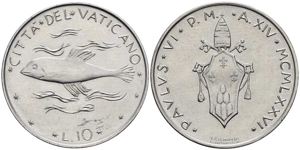 ВАТИКАН 10 ЛИР 1976 ГОД XIV, ПАВЕЛ VI (1963-1978), РЫБА KM 119 алюминий 4519-244