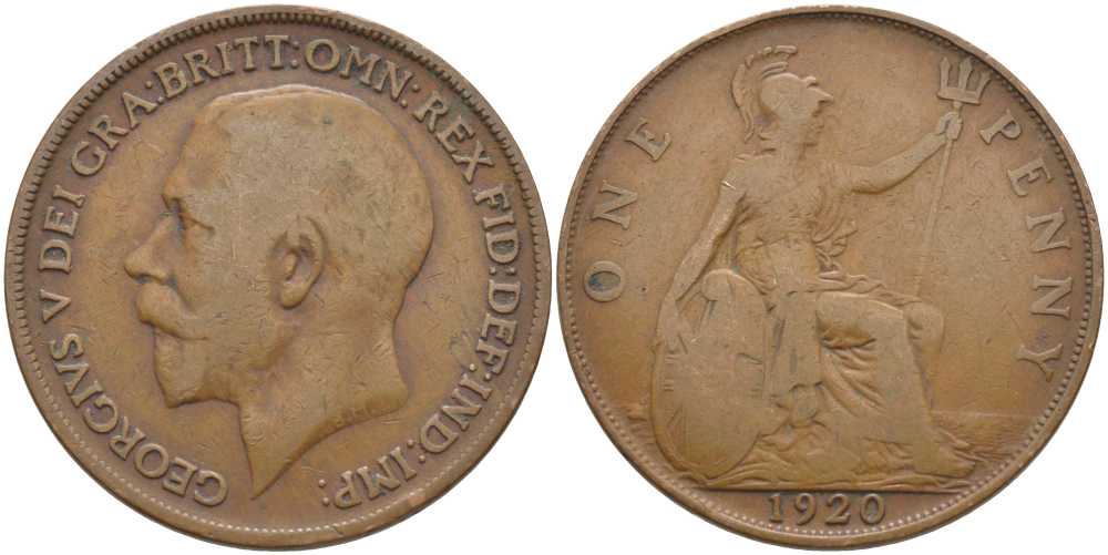 Великобритания 1 пенни 1920 Георг V (1910-1936) KM 810, Spink 4051 бронза 115-145