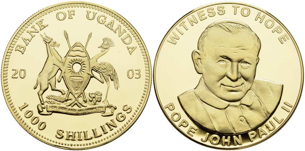 Уганда 1000 шиллингов 2003 папа Иоанн Павел II, "witness to hope", свидетель надежды, серебрение KM 240 латунь  PROOF 1088-4-52