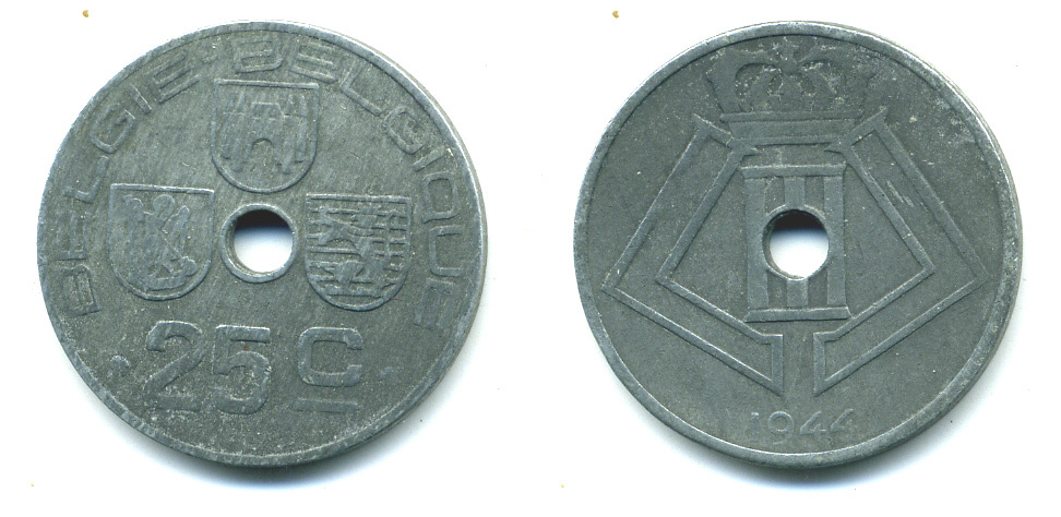 БЕЛЬГИЯ 25 САНТИМОВ 1944 BELGIE-BELGIQUE, ГЕРМАНСКАЯ ОККУПАЦИЯ, ВТОРАЯ МИРОВАЯ ВОЙНА KM 132 цинк 4385-536