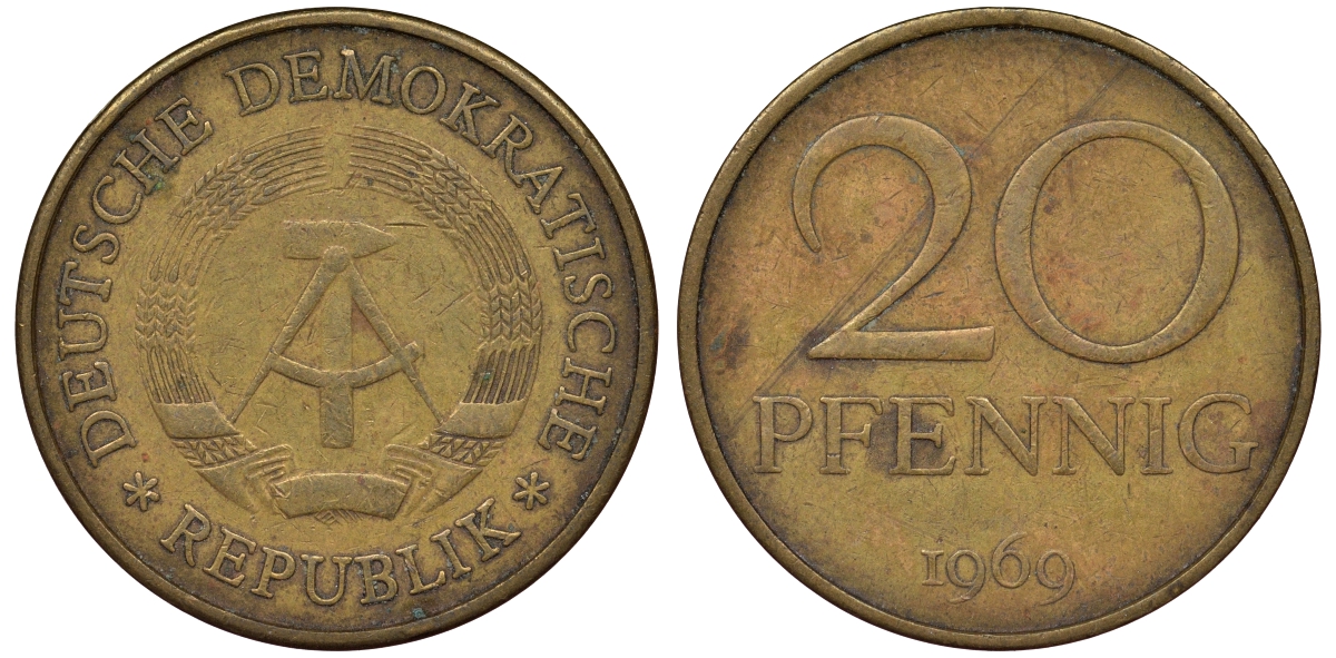 ГДР 20 пфеннигов 1969 А, первый год KM 11 латунь 62-952