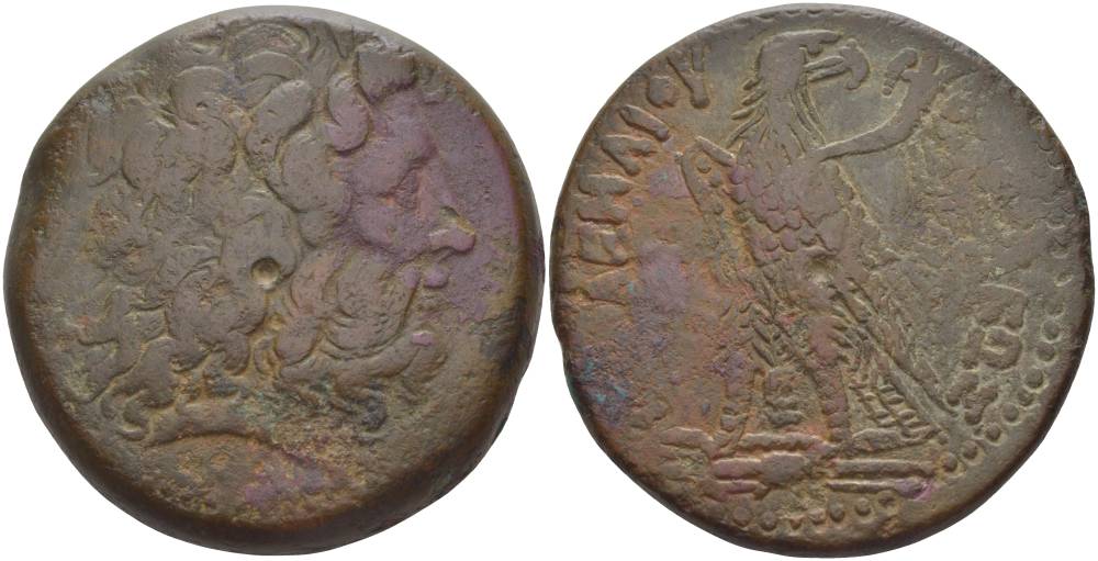 ЕГИПЕТ, ГОСУДАРСТВО ПТОЛЕМЕЕВ ТЕТРОБОЛ 246-230 гг. до н.э. ПТОЛЕМЕЙ III ЭВЕРГЕТ, ГОЛОВА ЗЕВСА АММОНА / ОРЕЛ, АЛЕКСАНДРИЯ, 40,44 гр Svoronos 1166 (Ptolemy IV) медь 1073-8-21