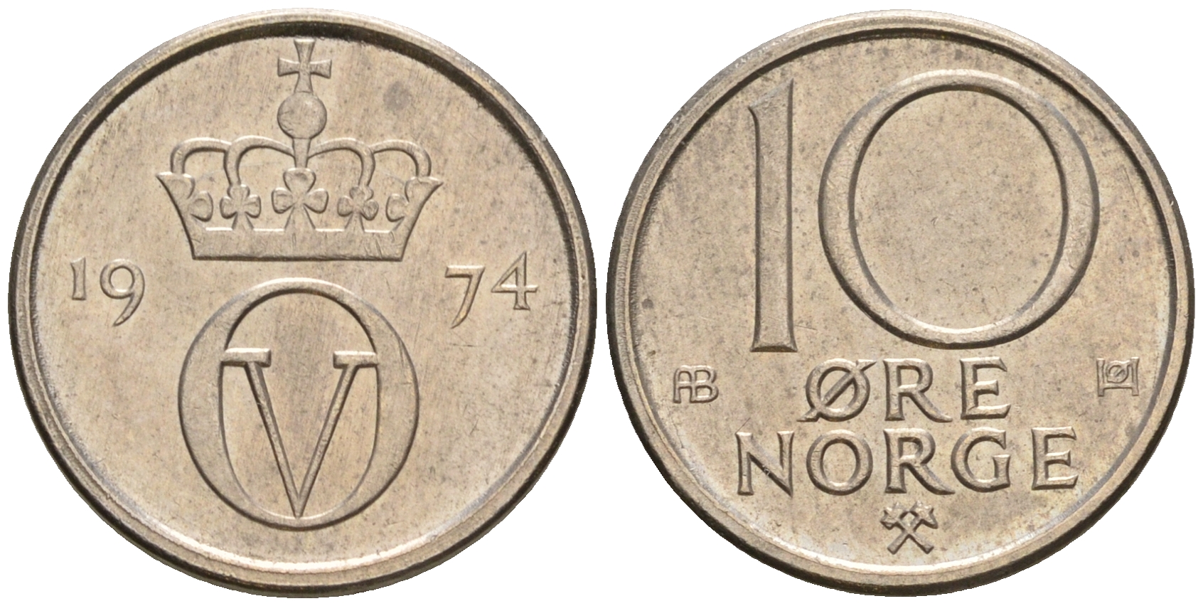 Норвегия 10 эре 1974 Улаф V (1958-1991) KM 416 медно-никель 4608-345