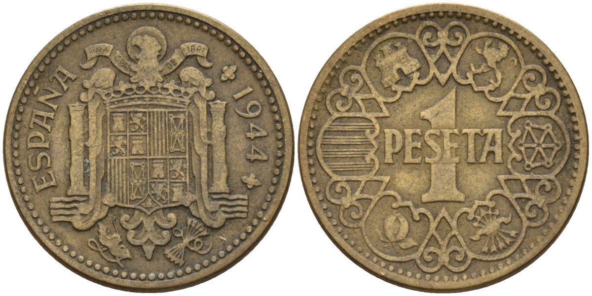 Испания 1 песета 1944 национальное правительство (1939 - 1947) KM 767 алюминиевая бронза 4155-315