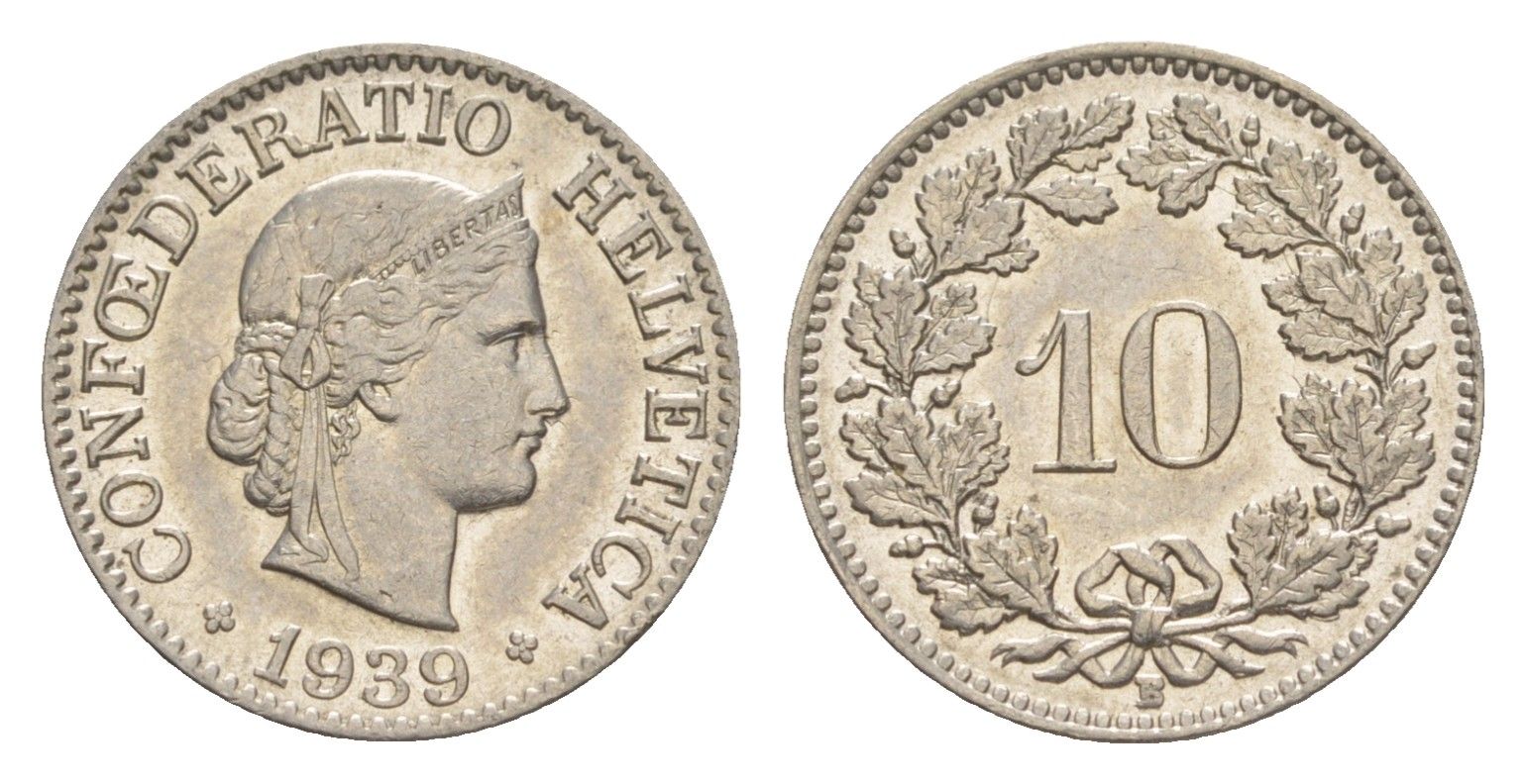 Швейцария 10 раппенов 1939 B KM 27b никель 4627-1155