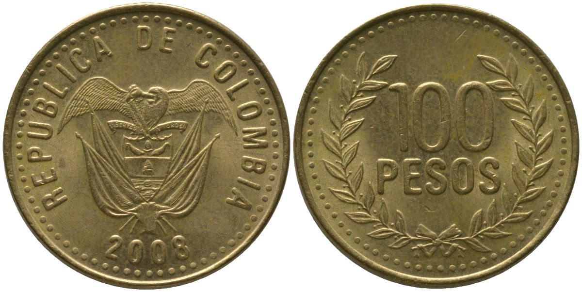 Колумбия 100 песо 2008 KM 285.2, Restrepo 445.9 латунь 4539-121