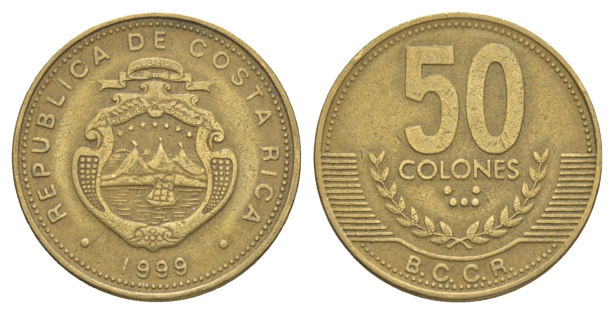 Коста-Рика 50 колонов 1999 KM 231.1 латунь 4631-244