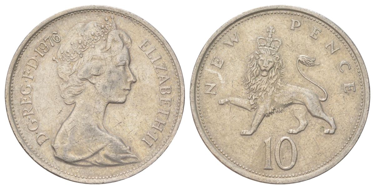 Великобритания 10 пенсов 1976 Елизавета II (1952-2022) KM 912, Spink 4231 (F1) медно-никель 4624-442