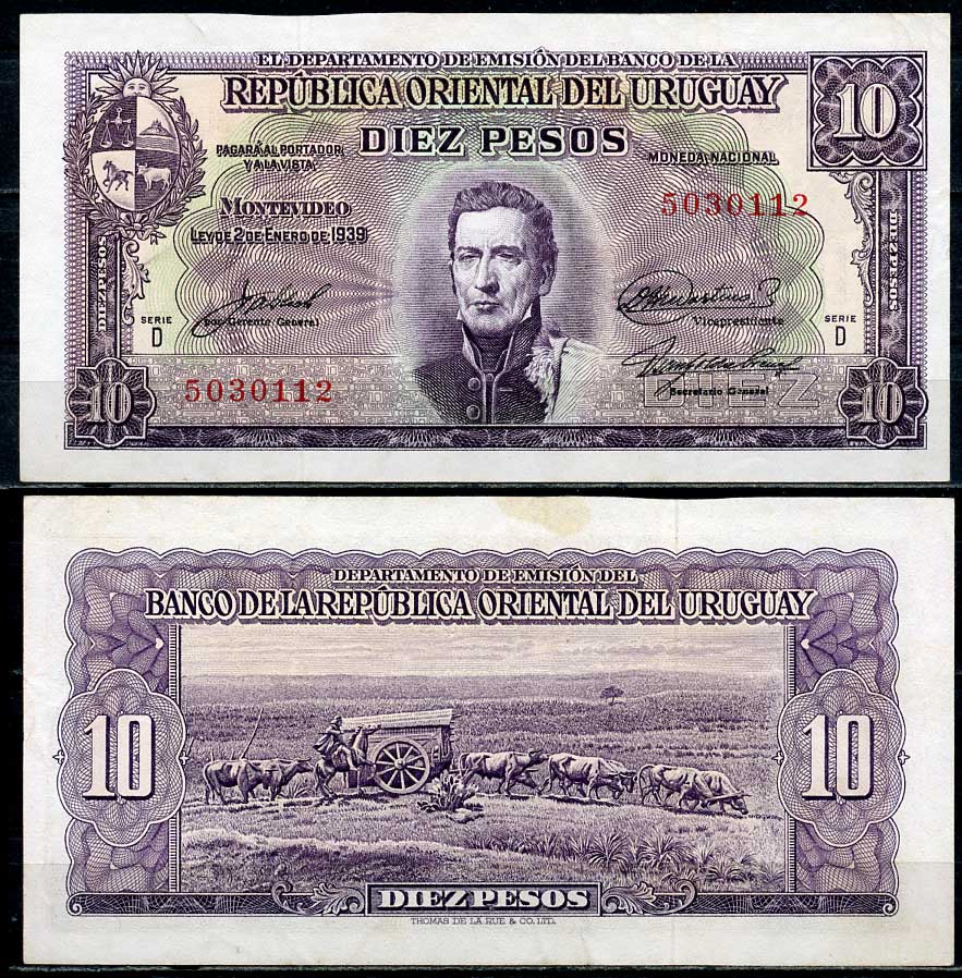 Уругвай 10 песо 1939 Хосе Хервасио Артигас, памятник повозке, Монтевидео, серия D Pick 37 d  бумага  aUNC 444-102-3-2